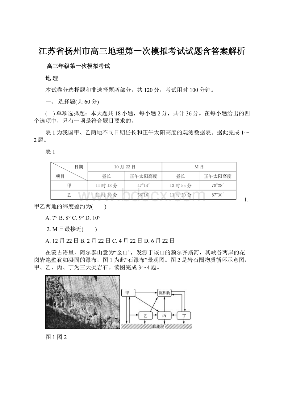 江苏省扬州市高三地理第一次模拟考试试题含答案解析.docx_第1页