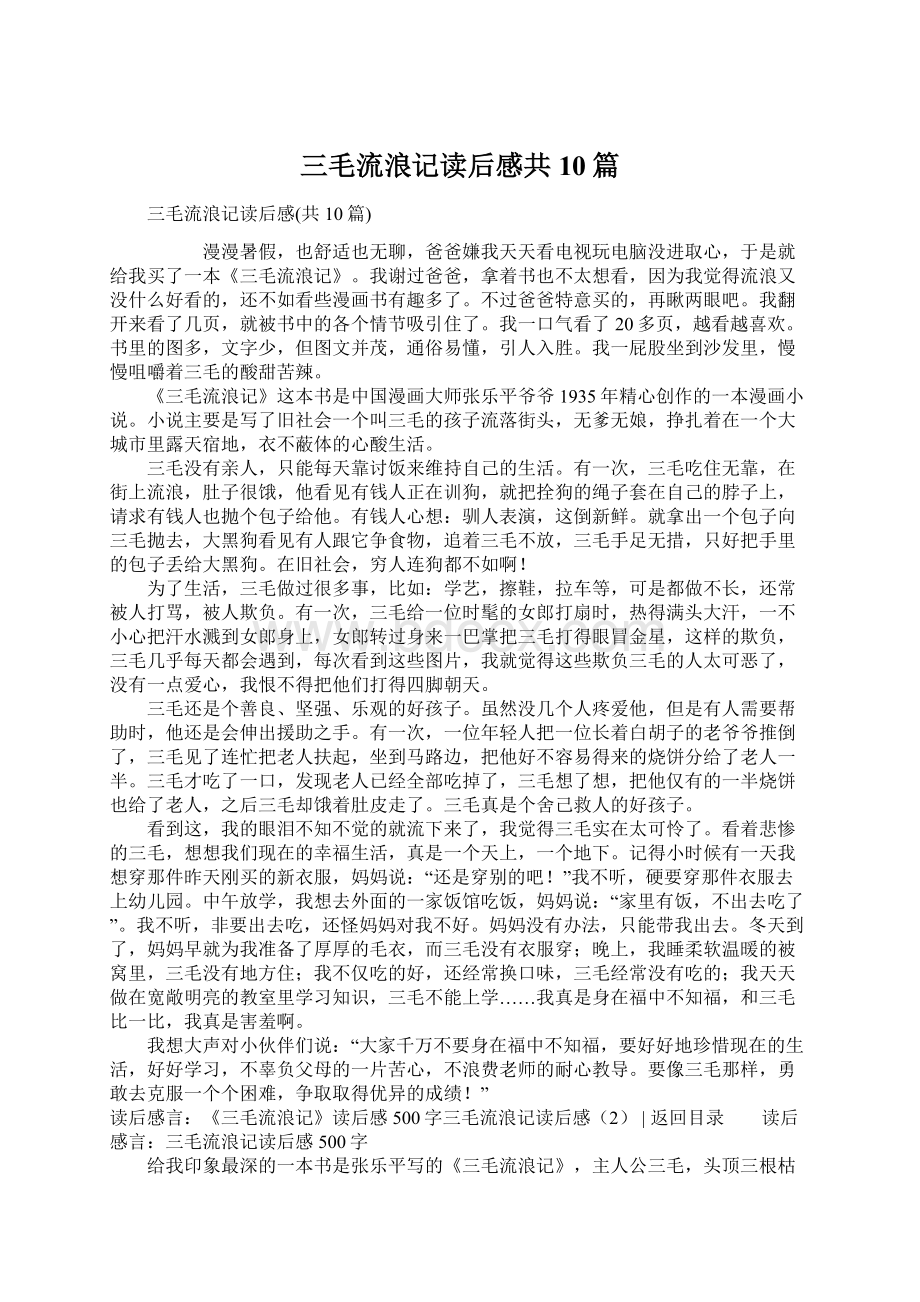 三毛流浪记读后感共10篇Word文件下载.docx_第1页