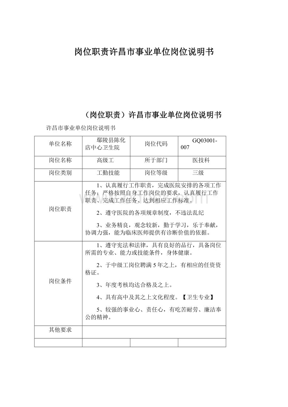 岗位职责许昌市事业单位岗位说明书Word文档格式.docx_第1页