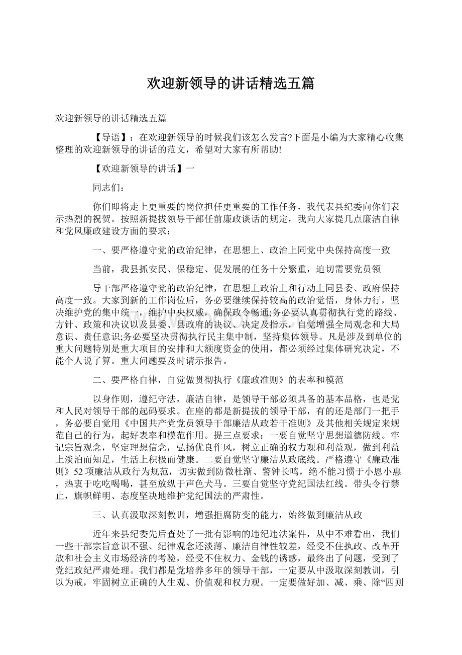 欢迎新领导的讲话精选五篇Word格式文档下载.docx_第1页