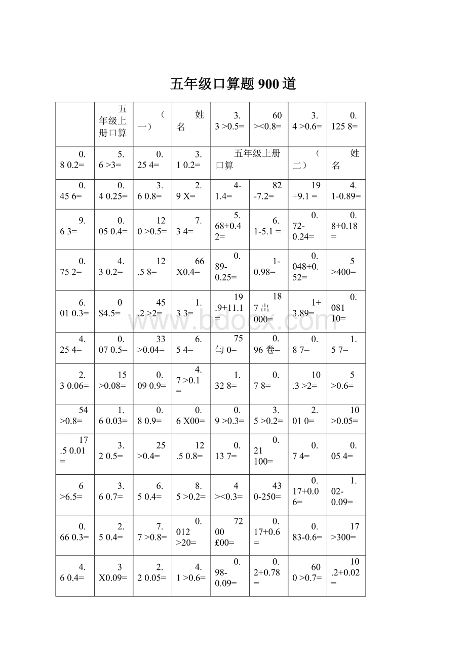 五年级口算题900道Word下载.docx_第1页