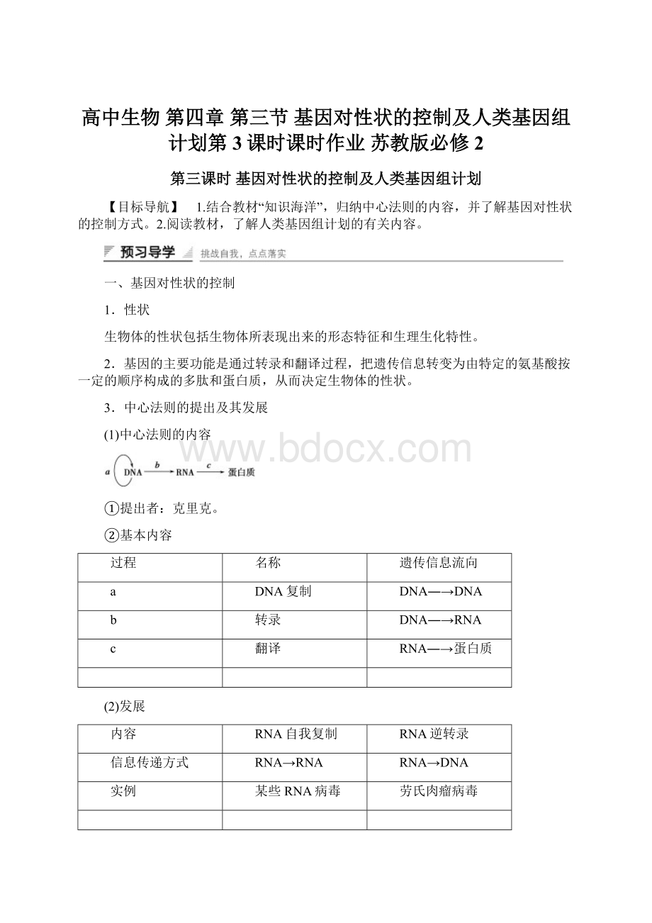 高中生物 第四章 第三节 基因对性状的控制及人类基因组计划第3课时课时作业 苏教版必修2Word文档下载推荐.docx_第1页