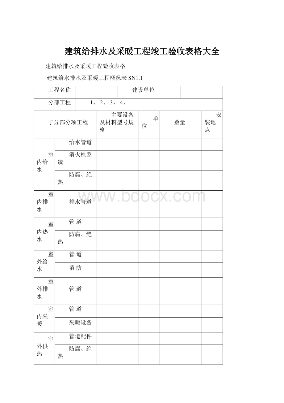 建筑给排水及采暖工程竣工验收表格大全.docx_第1页