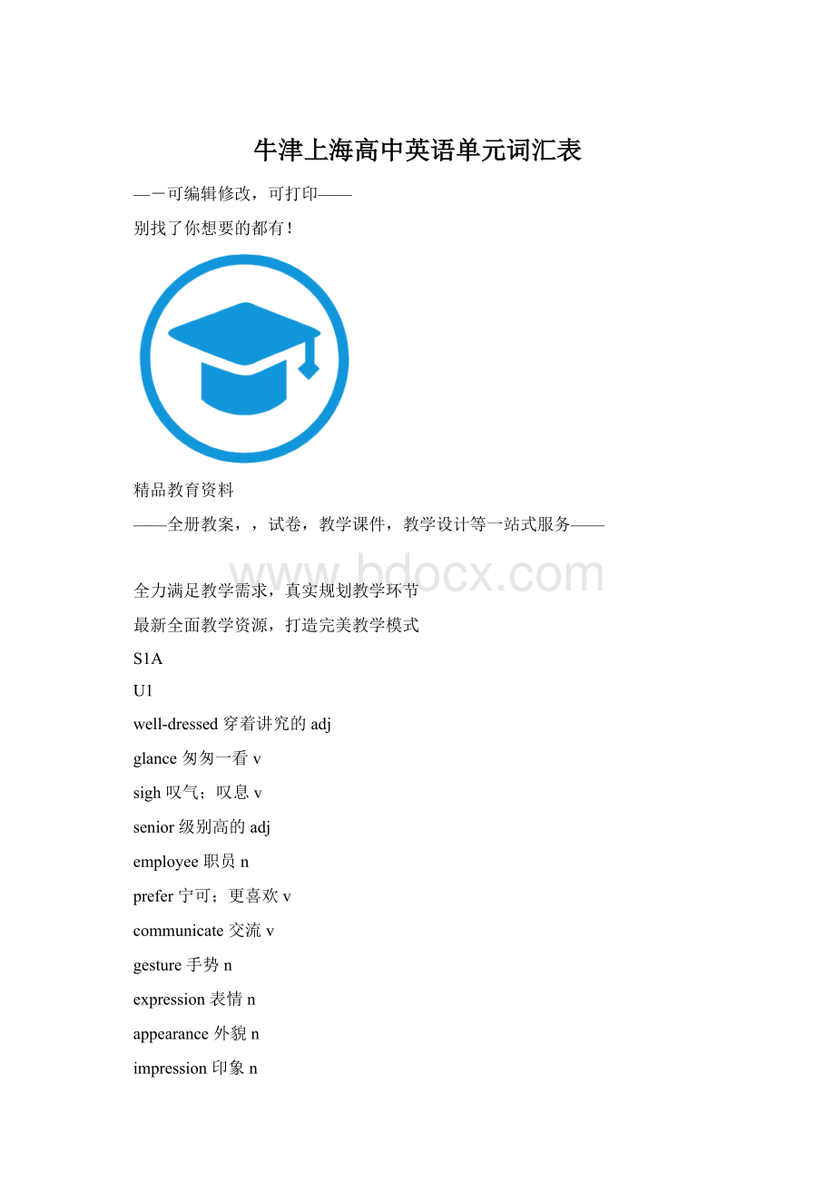 牛津上海高中英语单元词汇表Word格式文档下载.docx