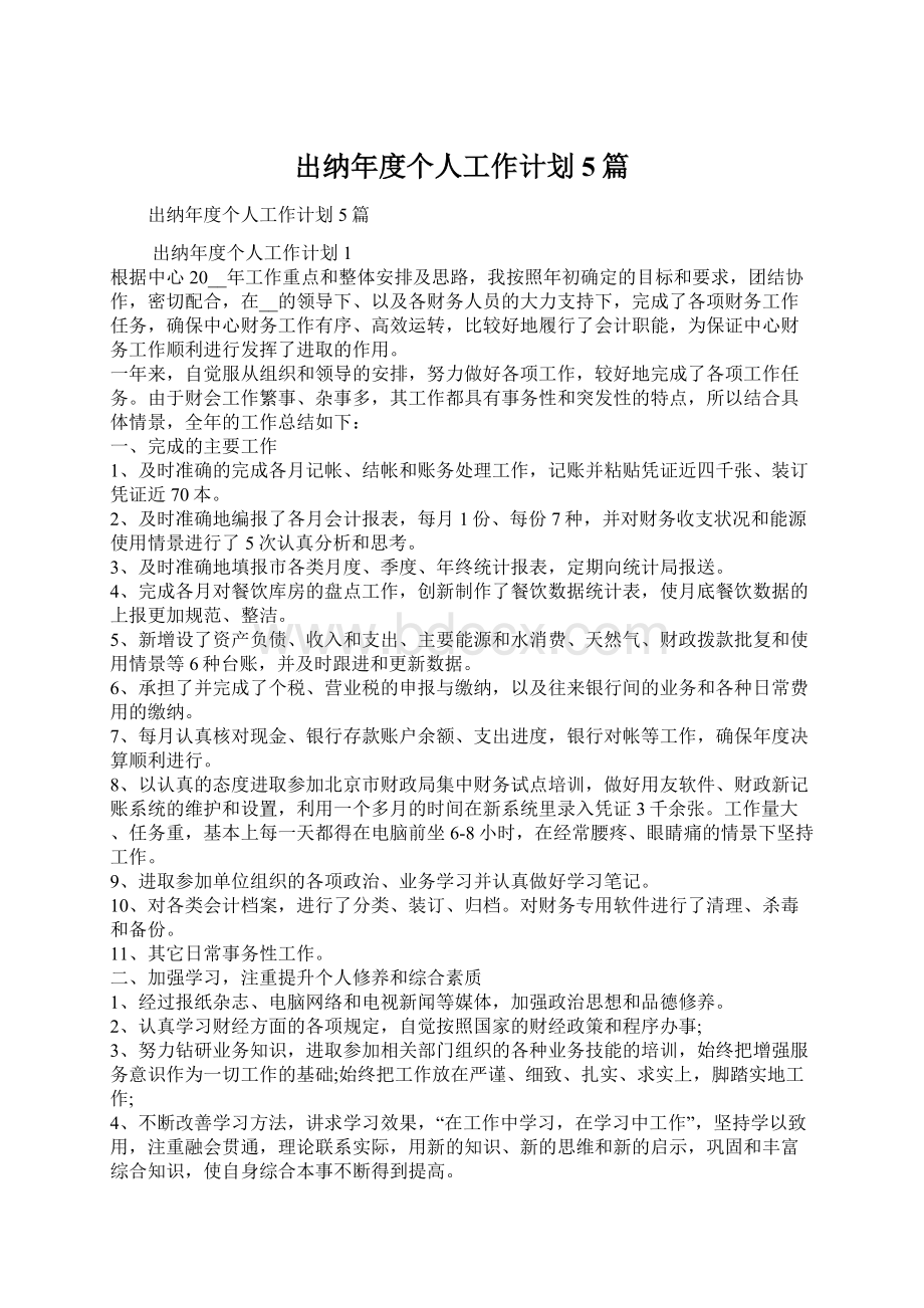 出纳年度个人工作计划5篇Word格式文档下载.docx_第1页