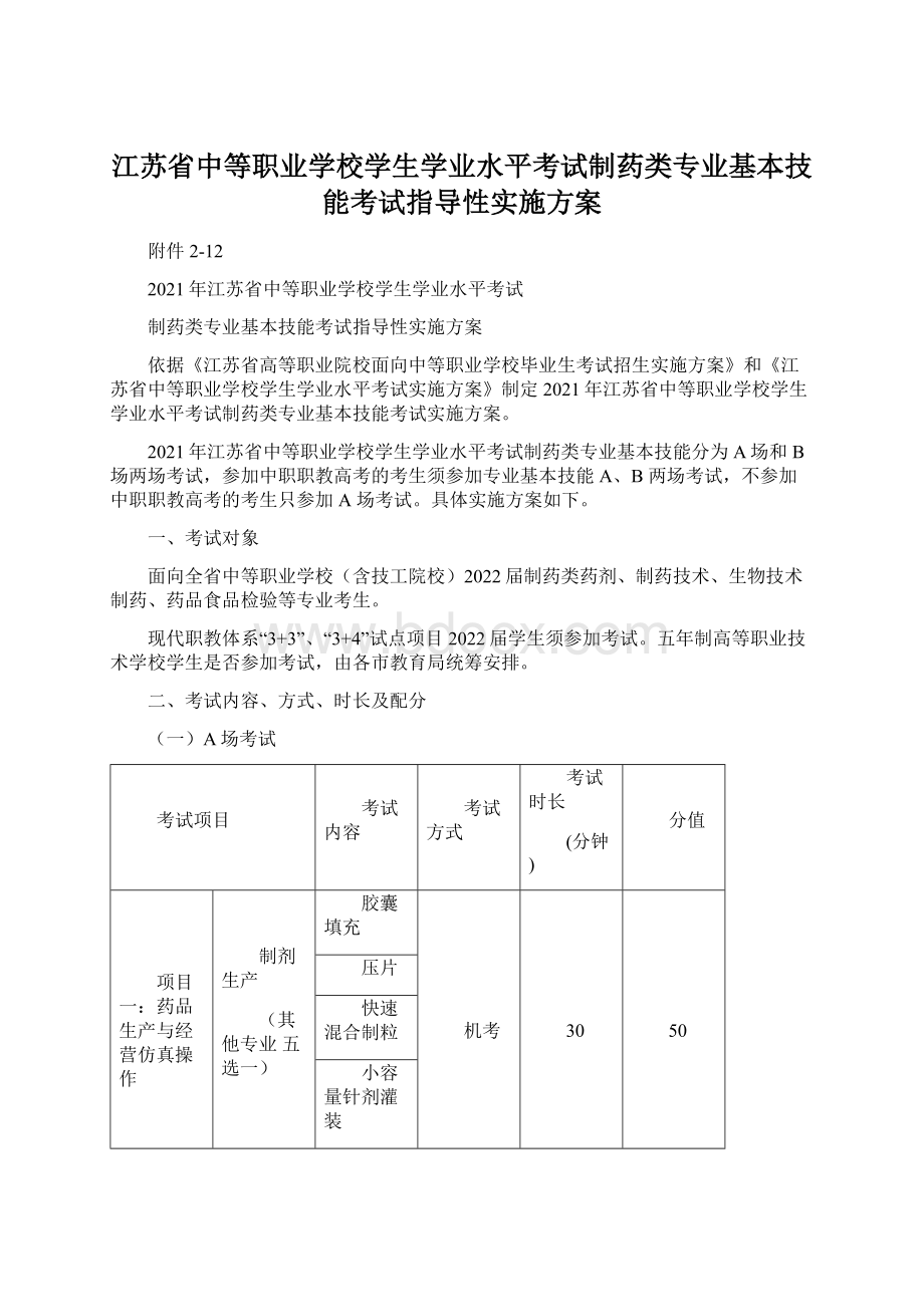 江苏省中等职业学校学生学业水平考试制药类专业基本技能考试指导性实施方案Word下载.docx_第1页