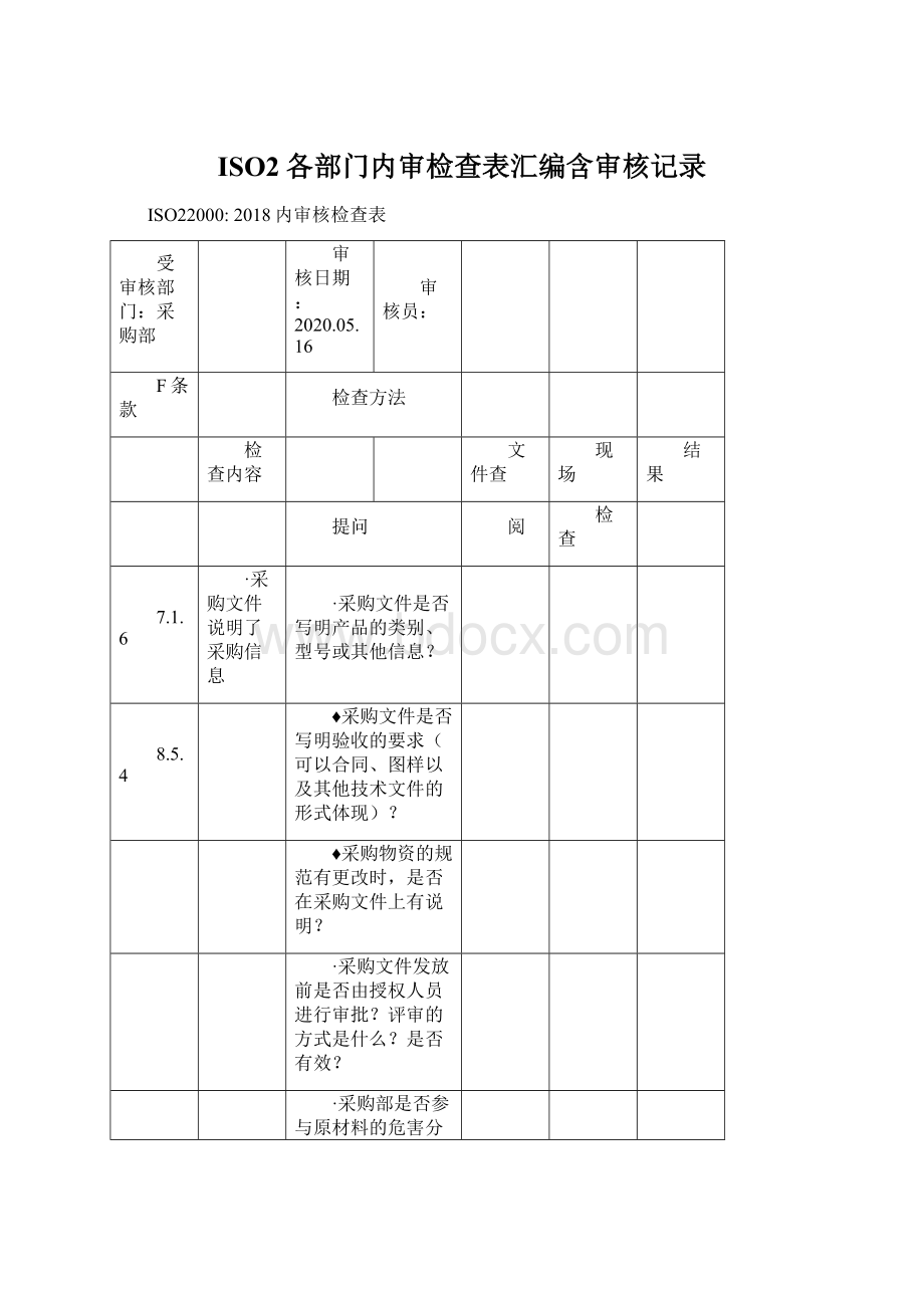 ISO2各部门内审检查表汇编含审核记录.docx_第1页