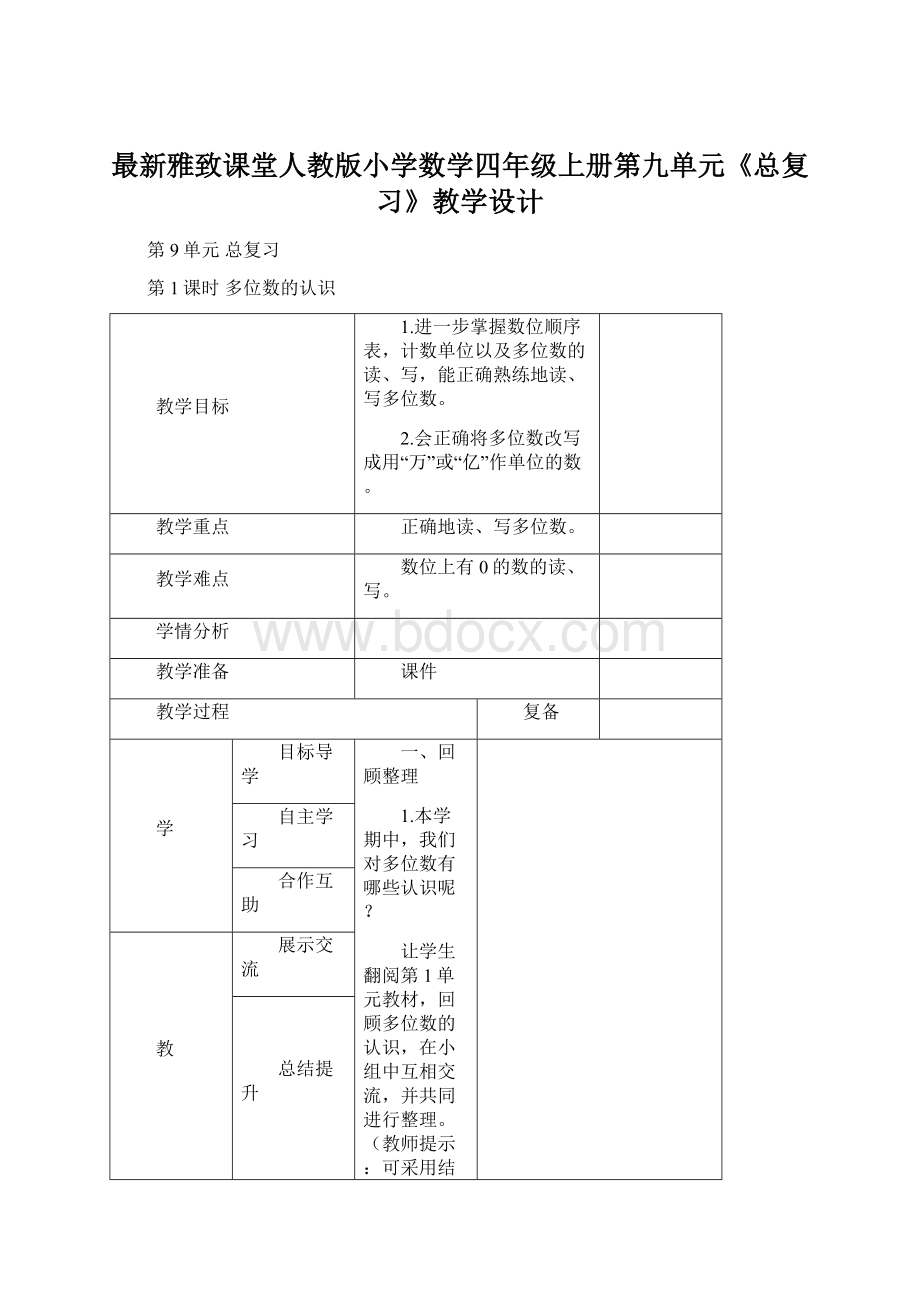 最新雅致课堂人教版小学数学四年级上册第九单元《总复习》教学设计Word格式.docx_第1页