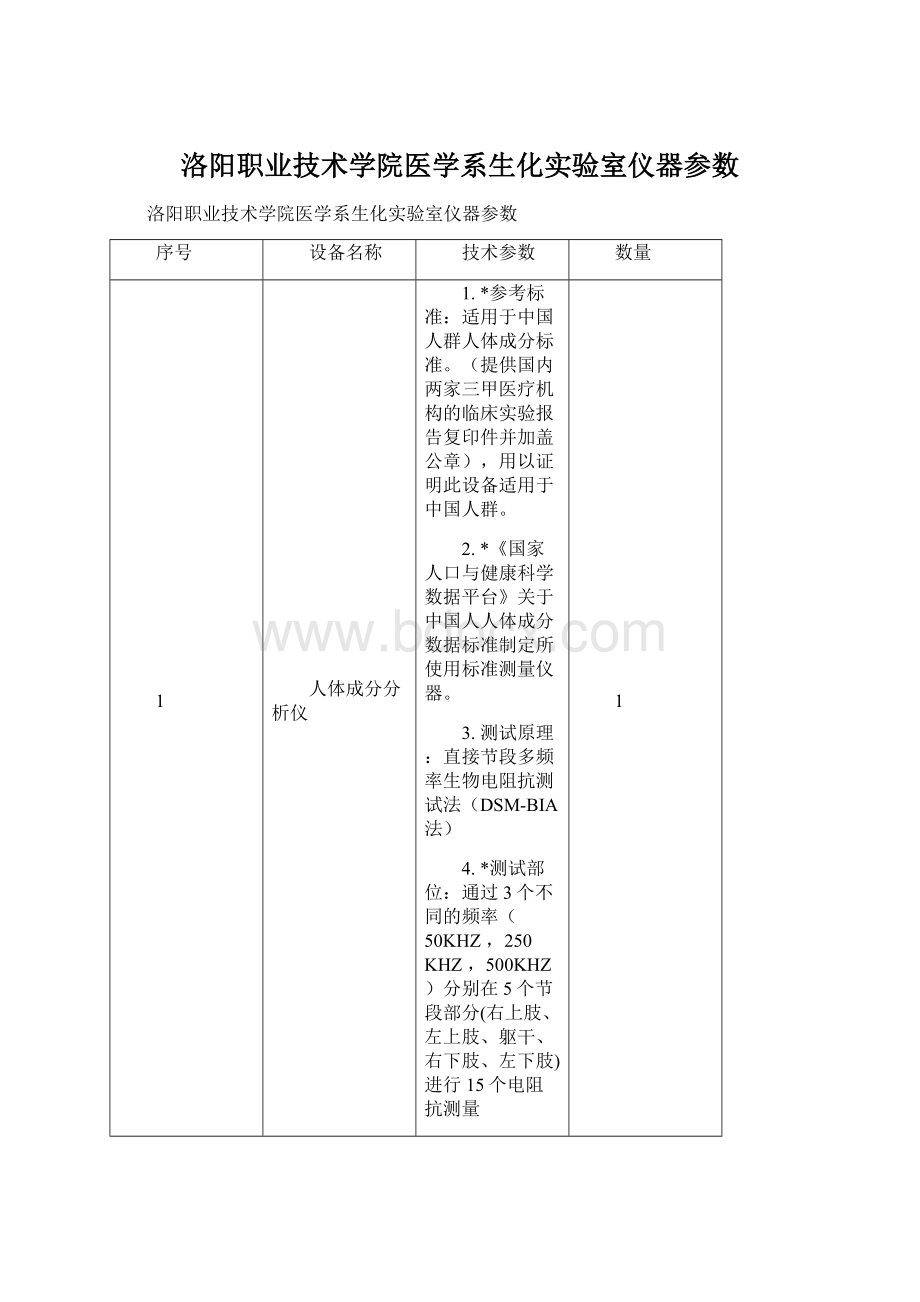 洛阳职业技术学院医学系生化实验室仪器参数Word下载.docx