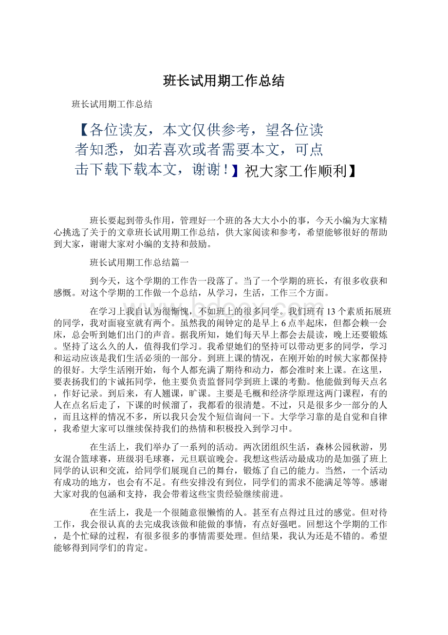 班长试用期工作总结Word文件下载.docx