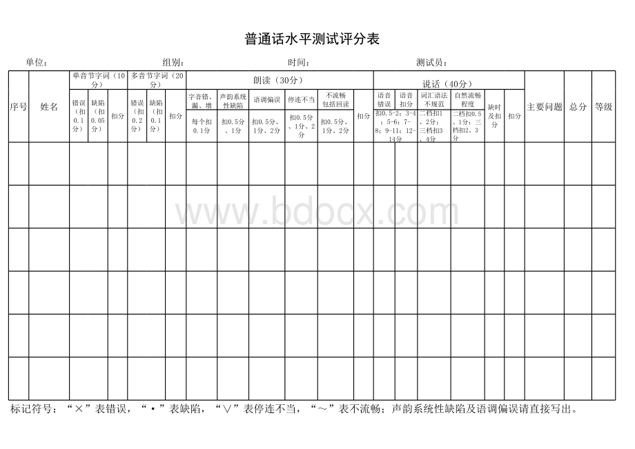 普通话水平测试评分表_精品文档表格文件下载.xls