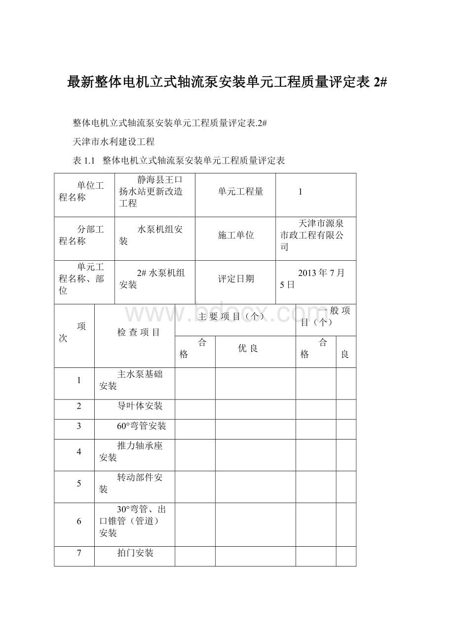 最新整体电机立式轴流泵安装单元工程质量评定表2#.docx