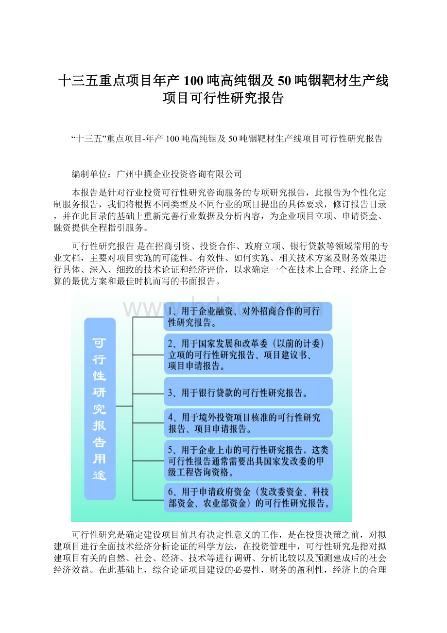 十三五重点项目年产100吨高纯铟及50吨铟靶材生产线项目可行性研究报告Word文档格式.docx_第1页