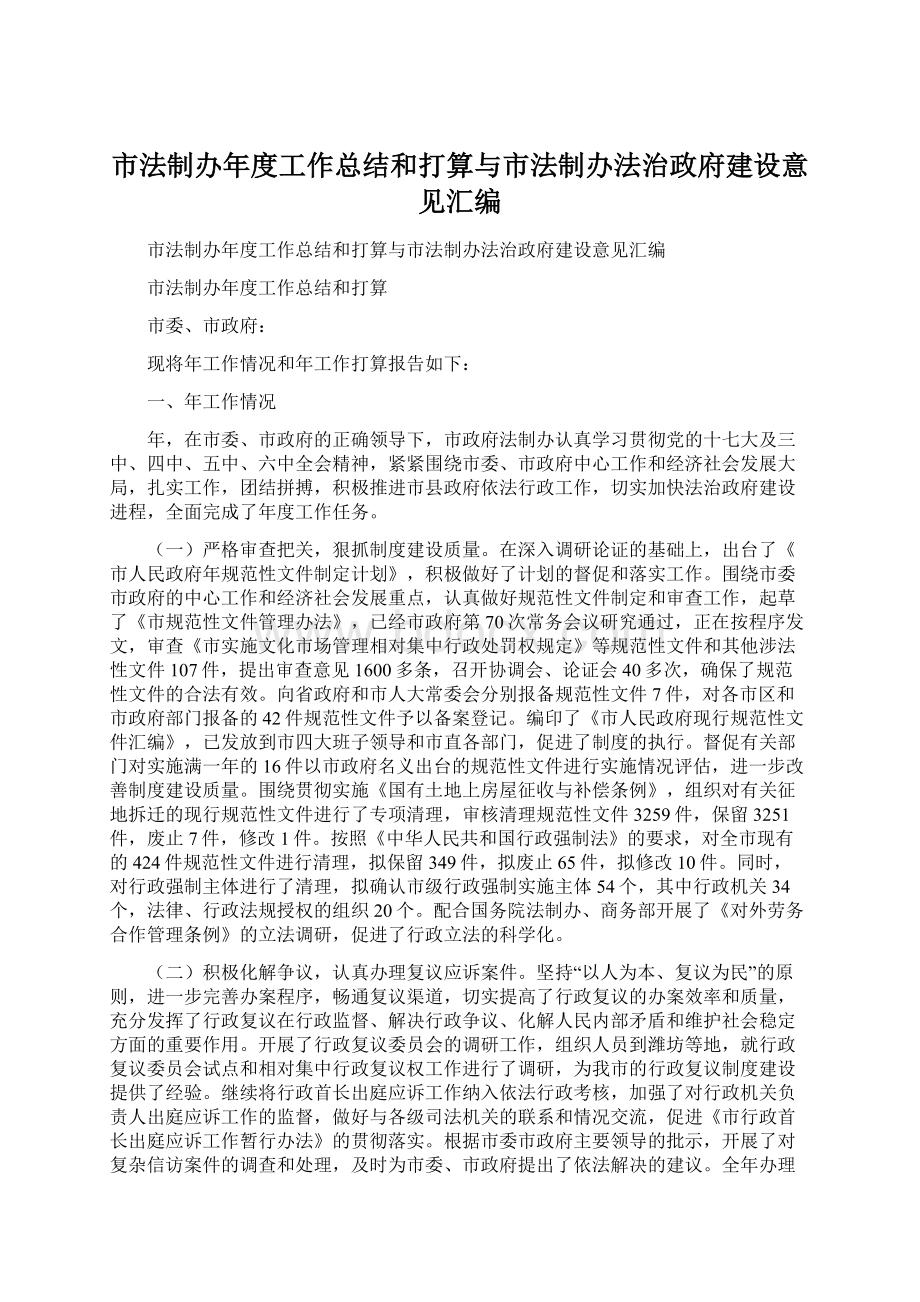 市法制办年度工作总结和打算与市法制办法治政府建设意见汇编.docx