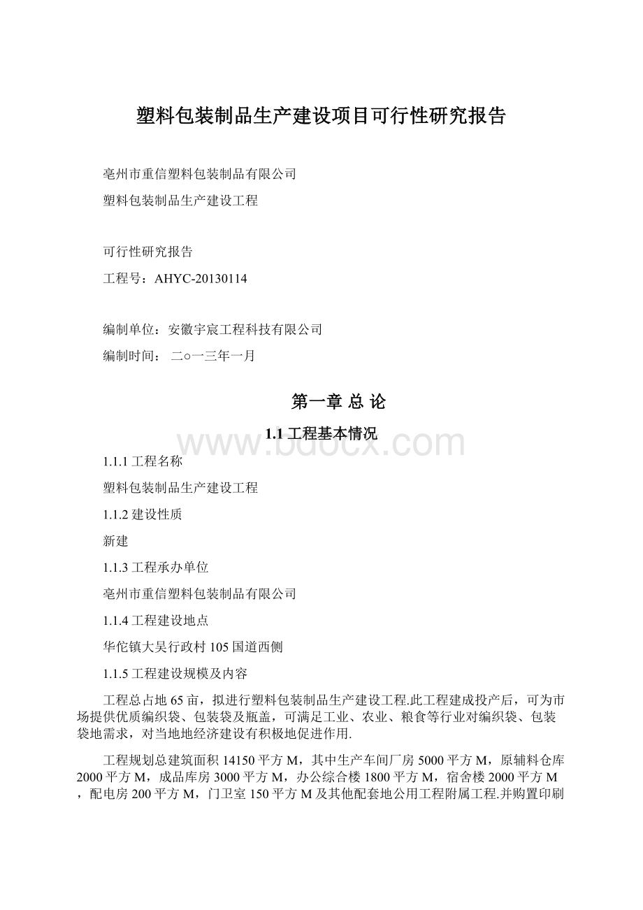 塑料包装制品生产建设项目可行性研究报告Word文档格式.docx_第1页