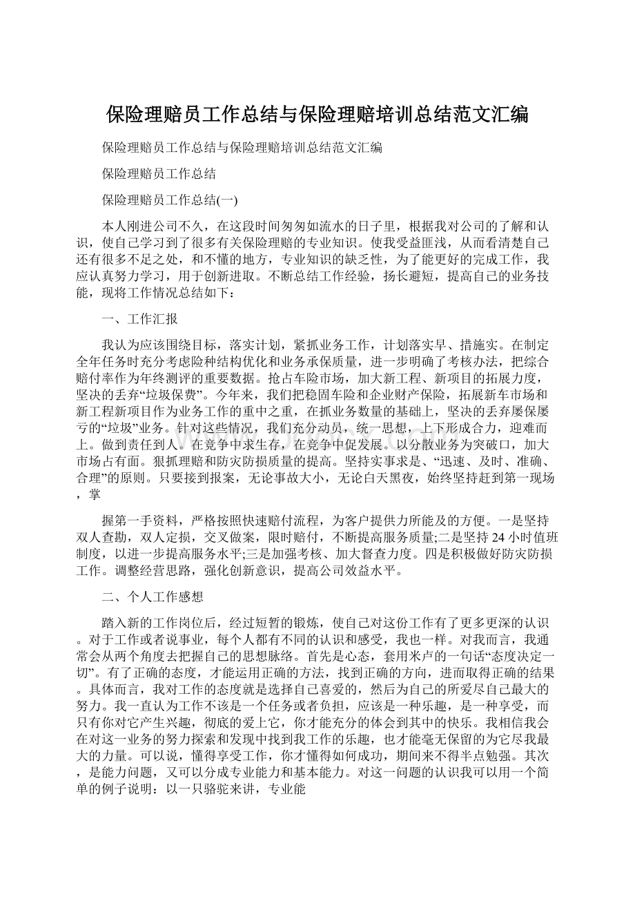 保险理赔员工作总结与保险理赔培训总结范文汇编Word下载.docx