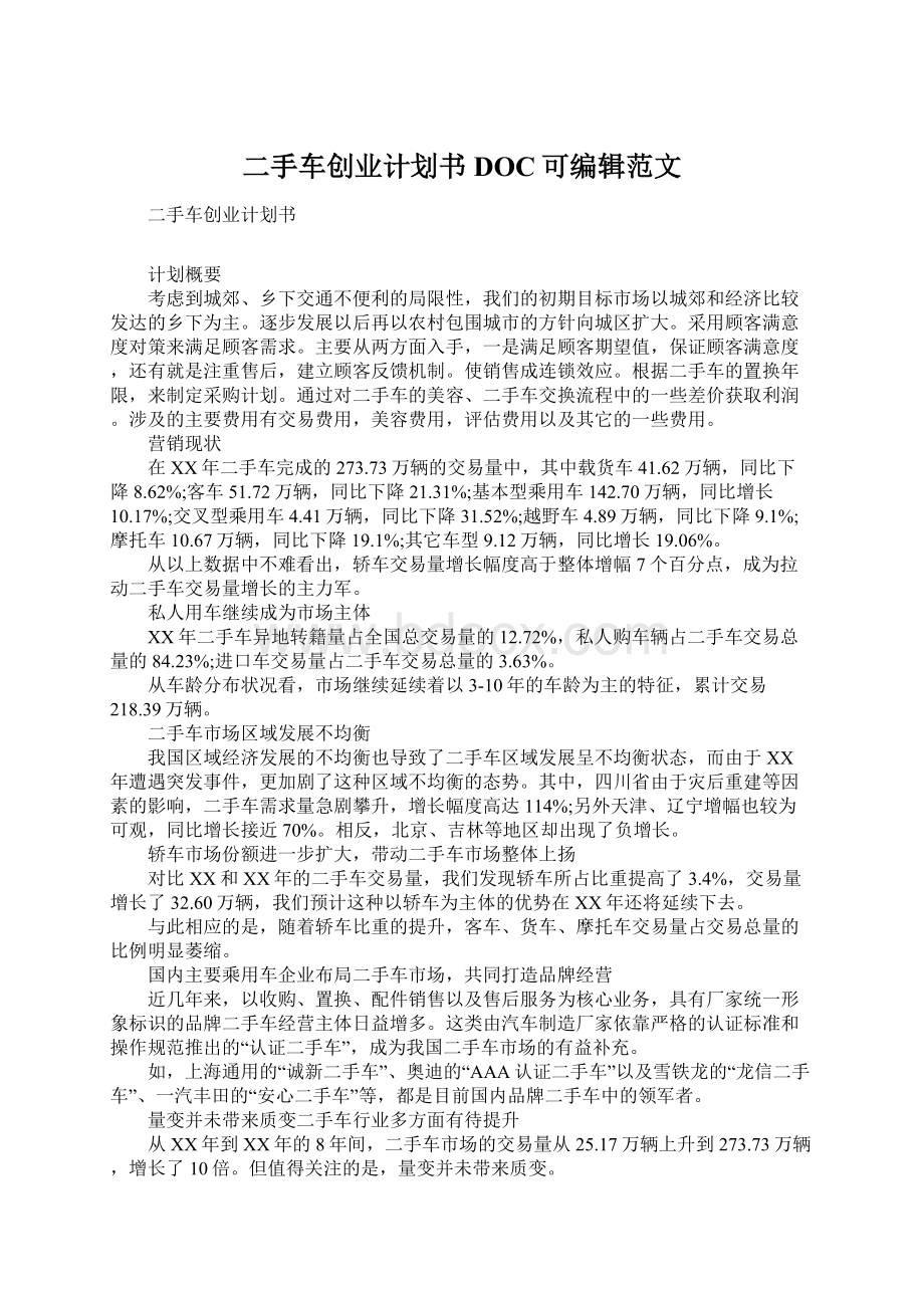 二手车创业计划书DOC可编辑范文Word格式文档下载.docx