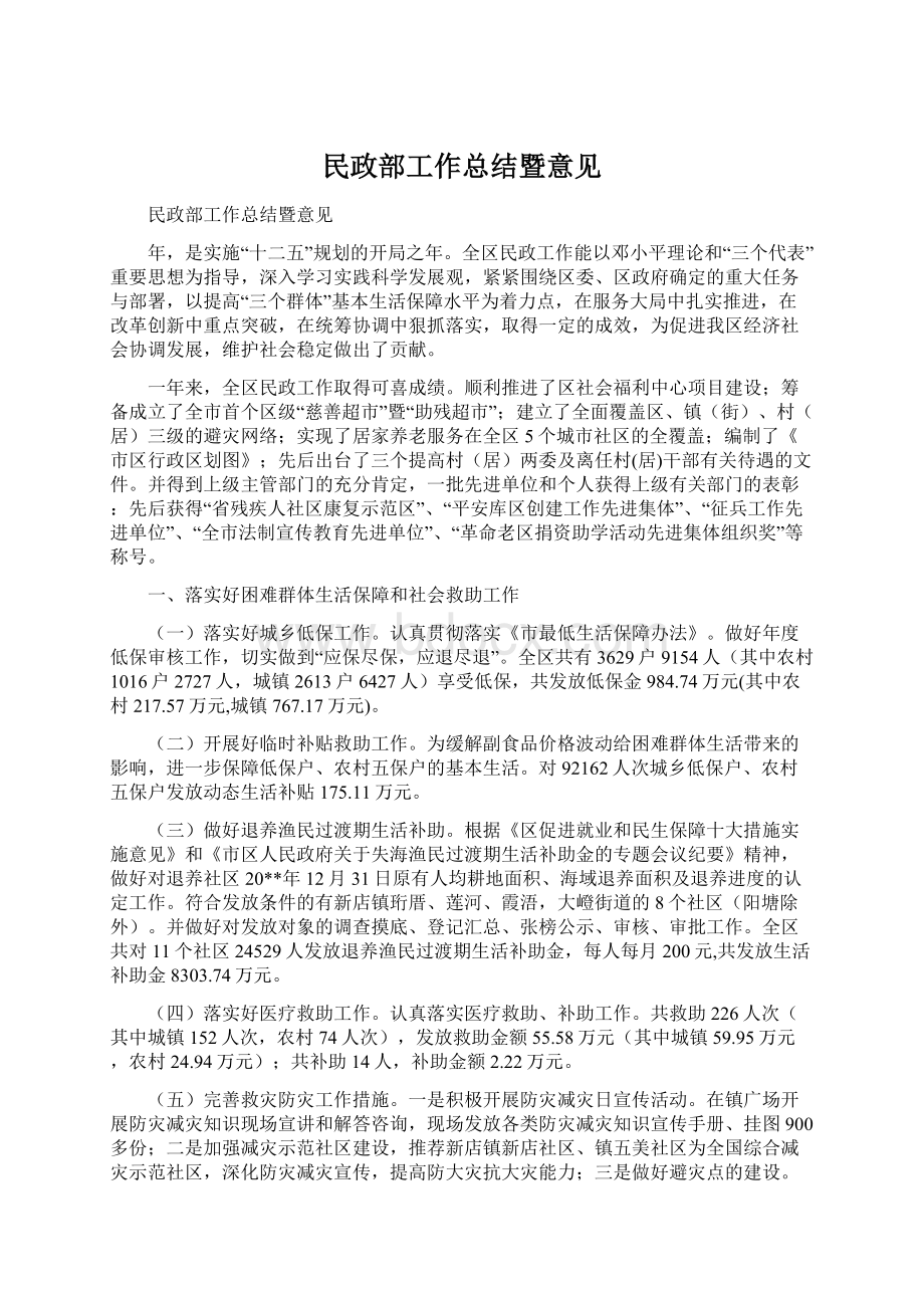 民政部工作总结暨意见.docx