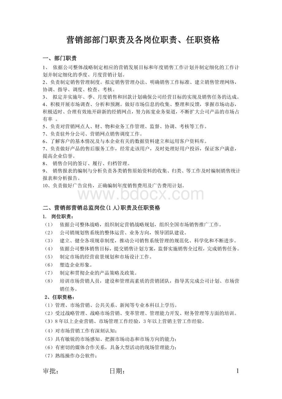 营销部部门职责及各岗位职责、任职资格.docx_第1页