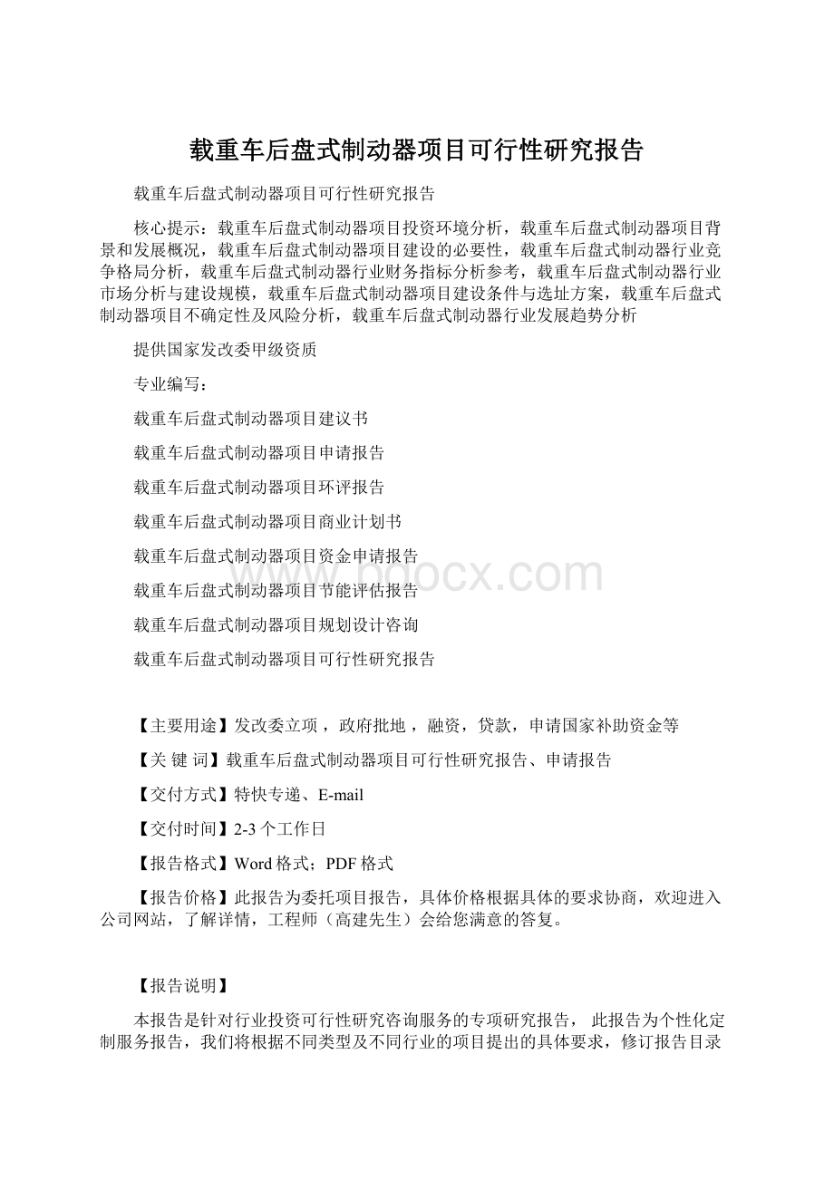 载重车后盘式制动器项目可行性研究报告Word格式.docx