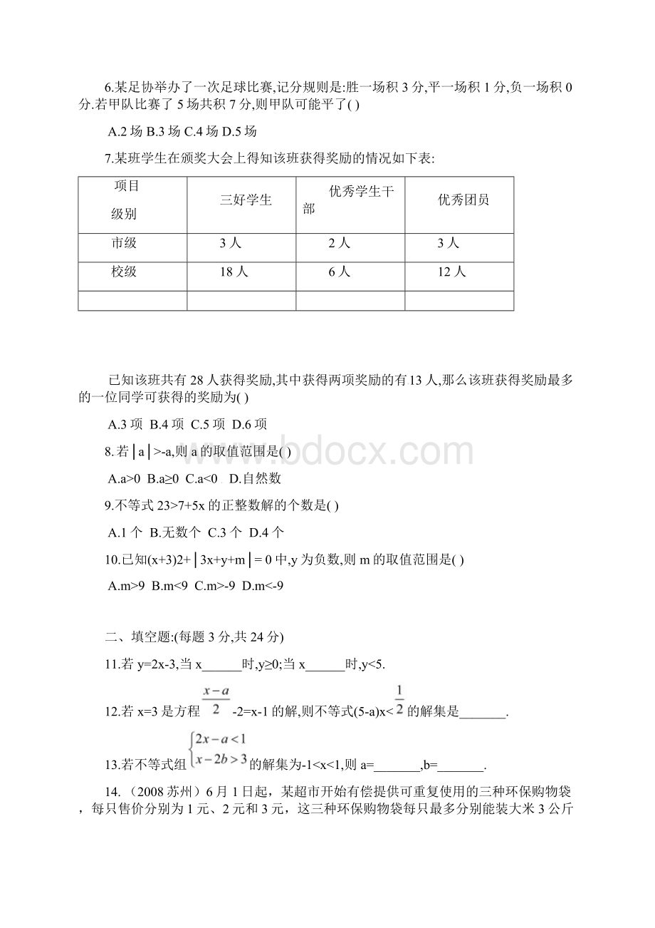 新人教版 七年级数学下册 第九单元 不等式与不等式组 单元测试题合集精选3套 含答案解析.docx_第2页