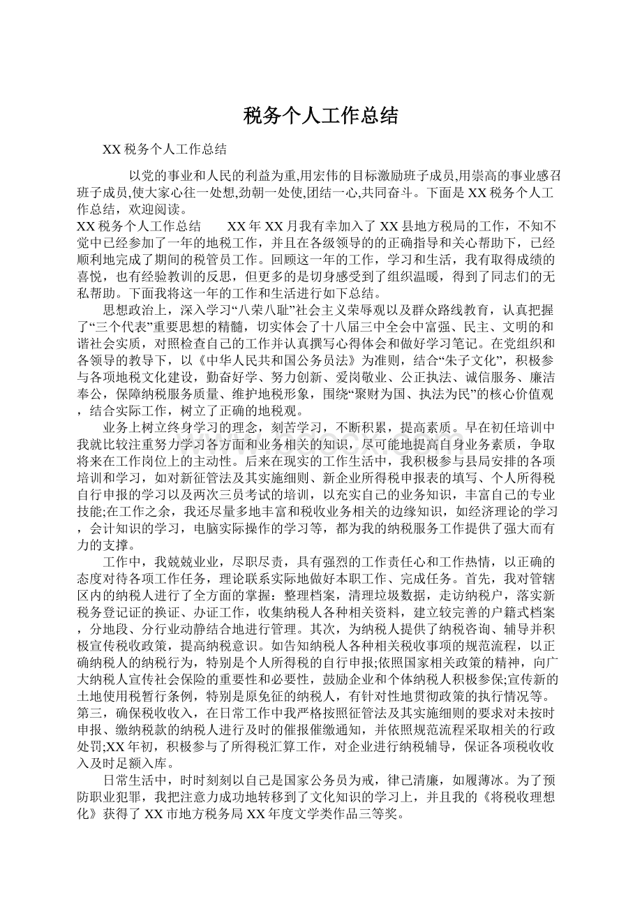 税务个人工作总结Word文档格式.docx