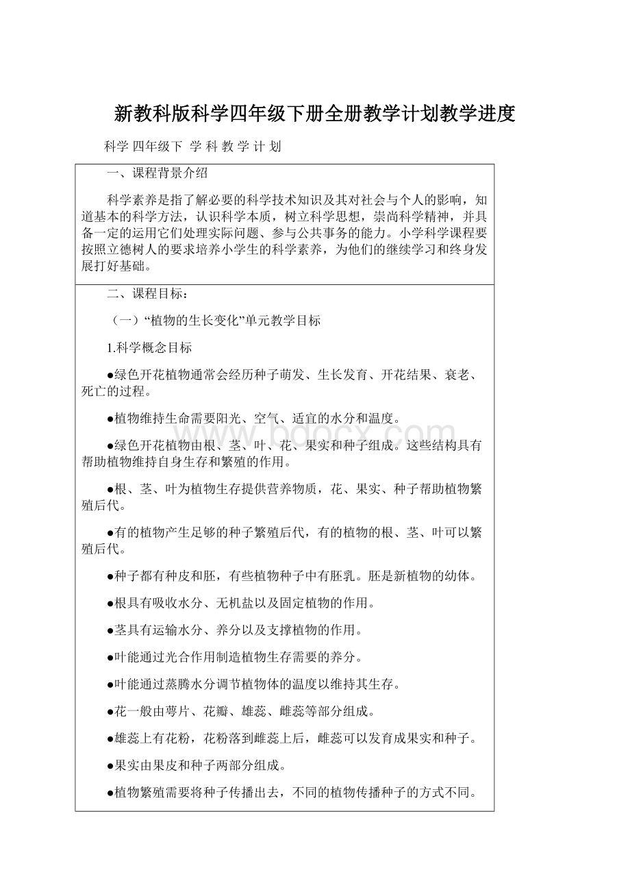 新教科版科学四年级下册全册教学计划教学进度Word格式文档下载.docx_第1页