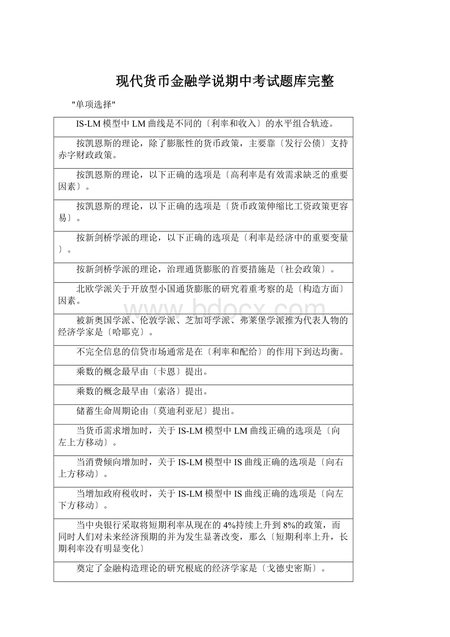 现代货币金融学说期中考试题库完整.docx