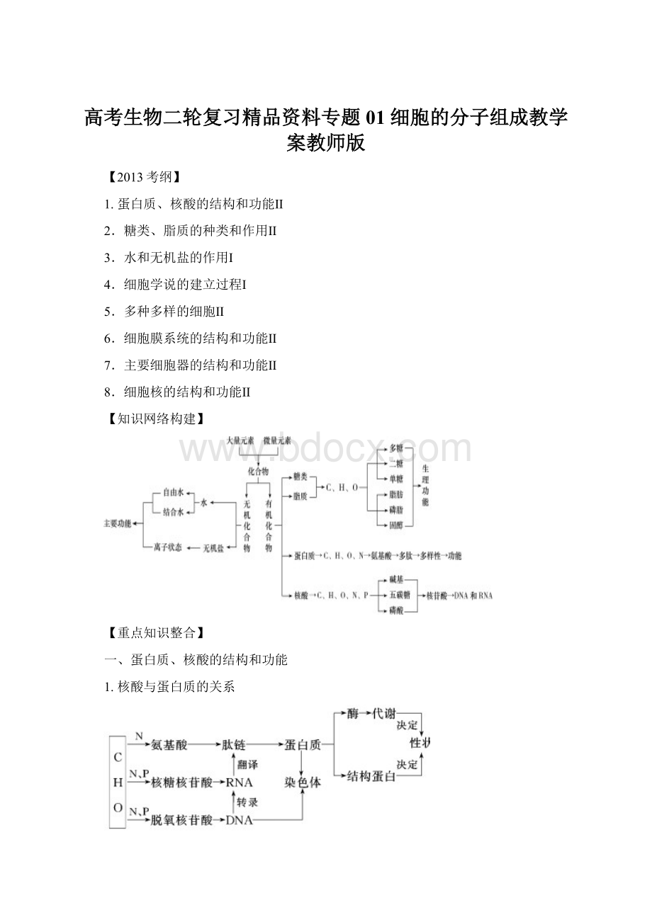 高考生物二轮复习精品资料专题01 细胞的分子组成教学案教师版Word下载.docx_第1页