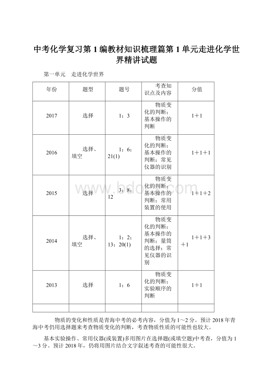 中考化学复习第1编教材知识梳理篇第1单元走进化学世界精讲试题.docx_第1页