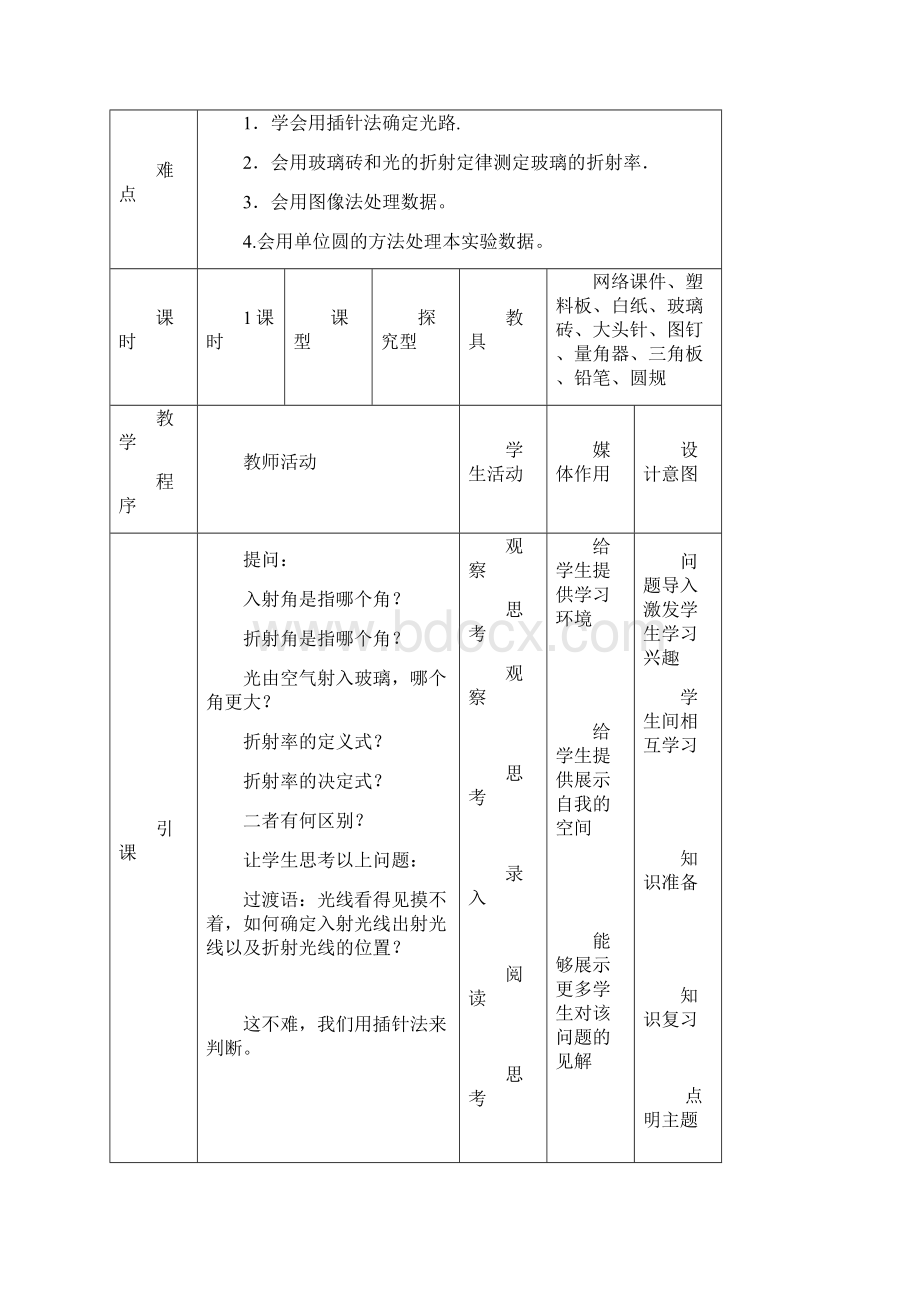 高中物理实验测定玻璃的折射率教学设计学情分析教材分析课后反思Word文档格式.docx_第3页