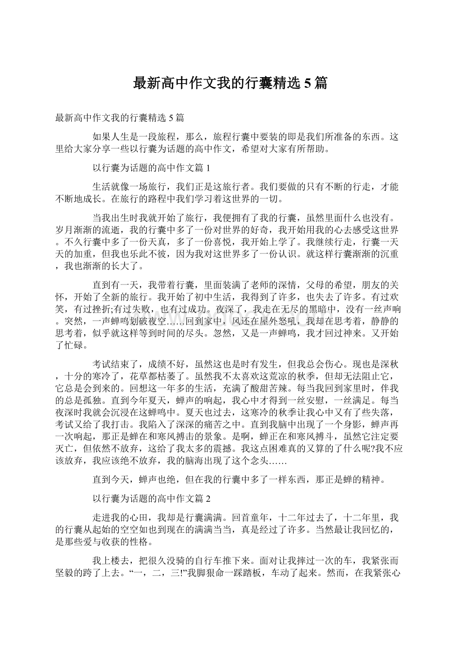 最新高中作文我的行囊精选5篇Word格式文档下载.docx