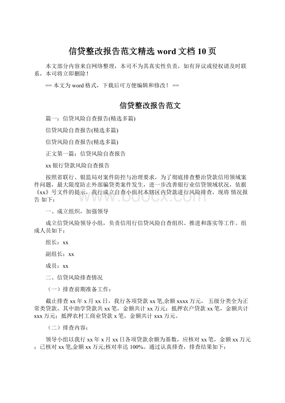 信贷整改报告范文精选word文档 10页Word格式.docx_第1页