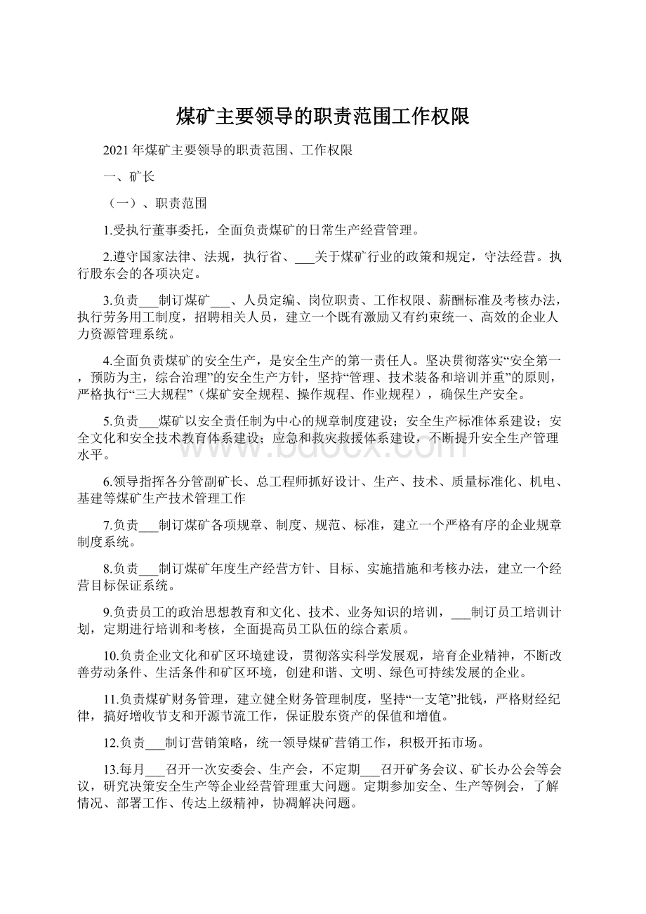 煤矿主要领导的职责范围工作权限Word文档下载推荐.docx