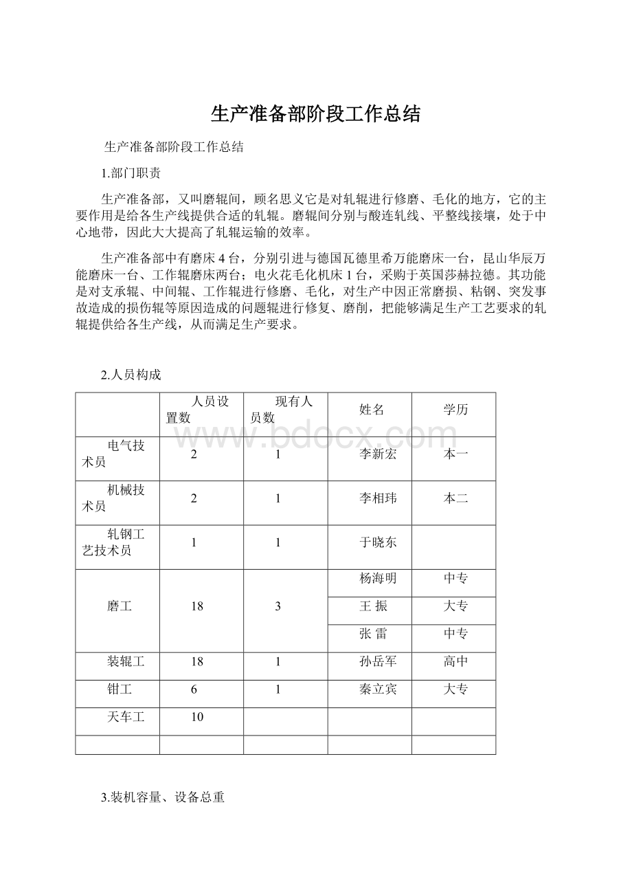 生产准备部阶段工作总结Word文档下载推荐.docx