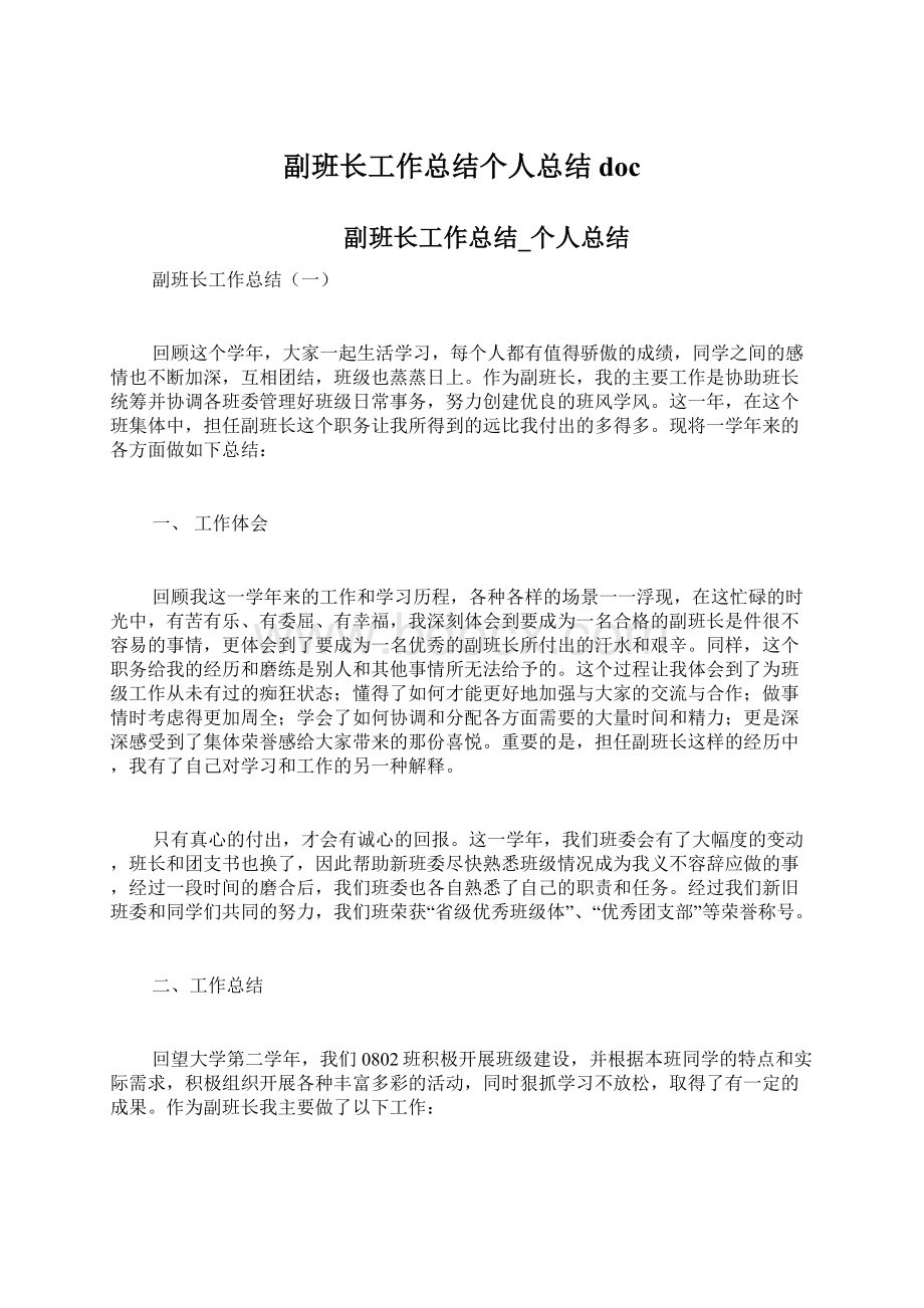 副班长工作总结个人总结docWord文档格式.docx_第1页