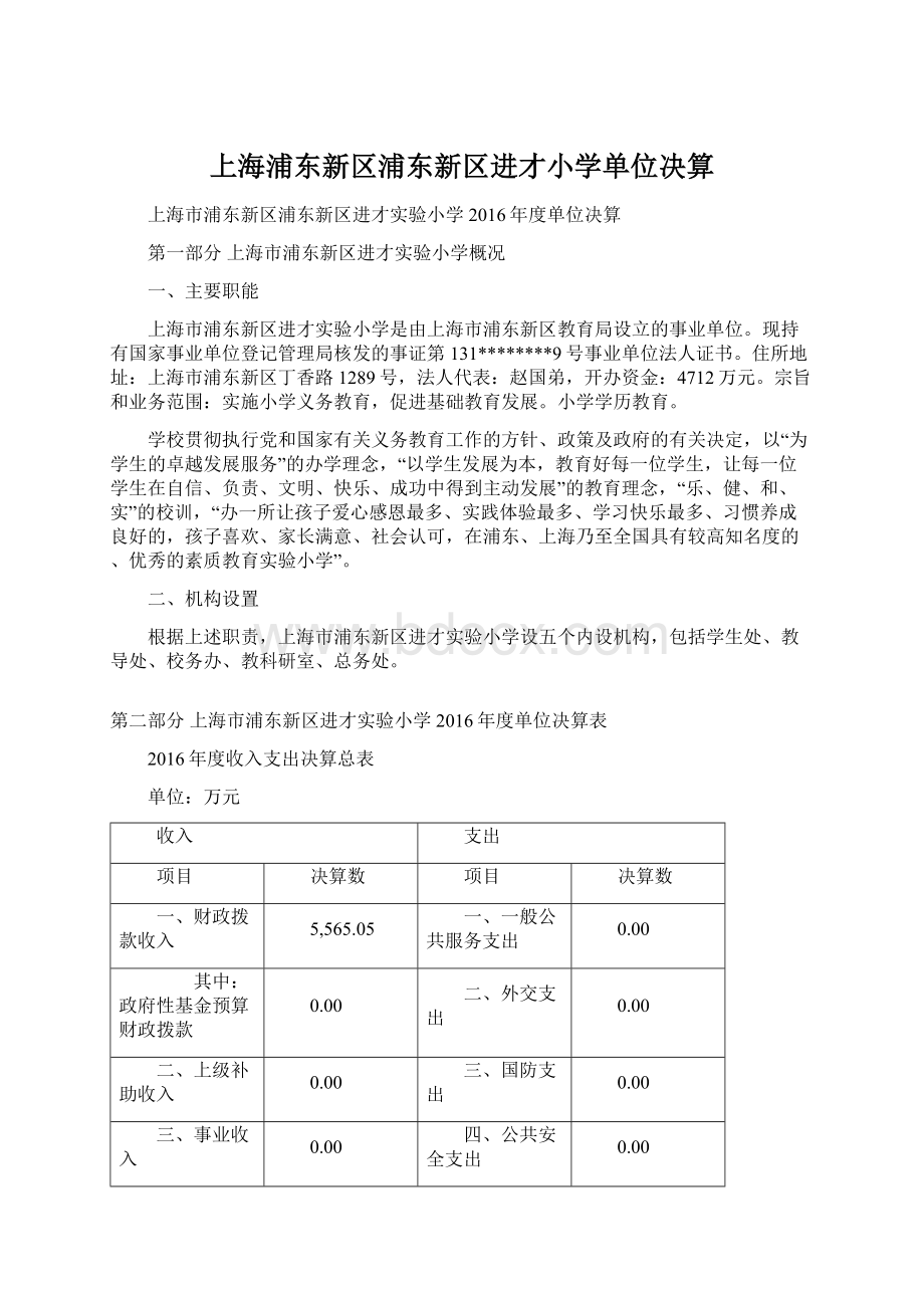 上海浦东新区浦东新区进才小学单位决算.docx_第1页