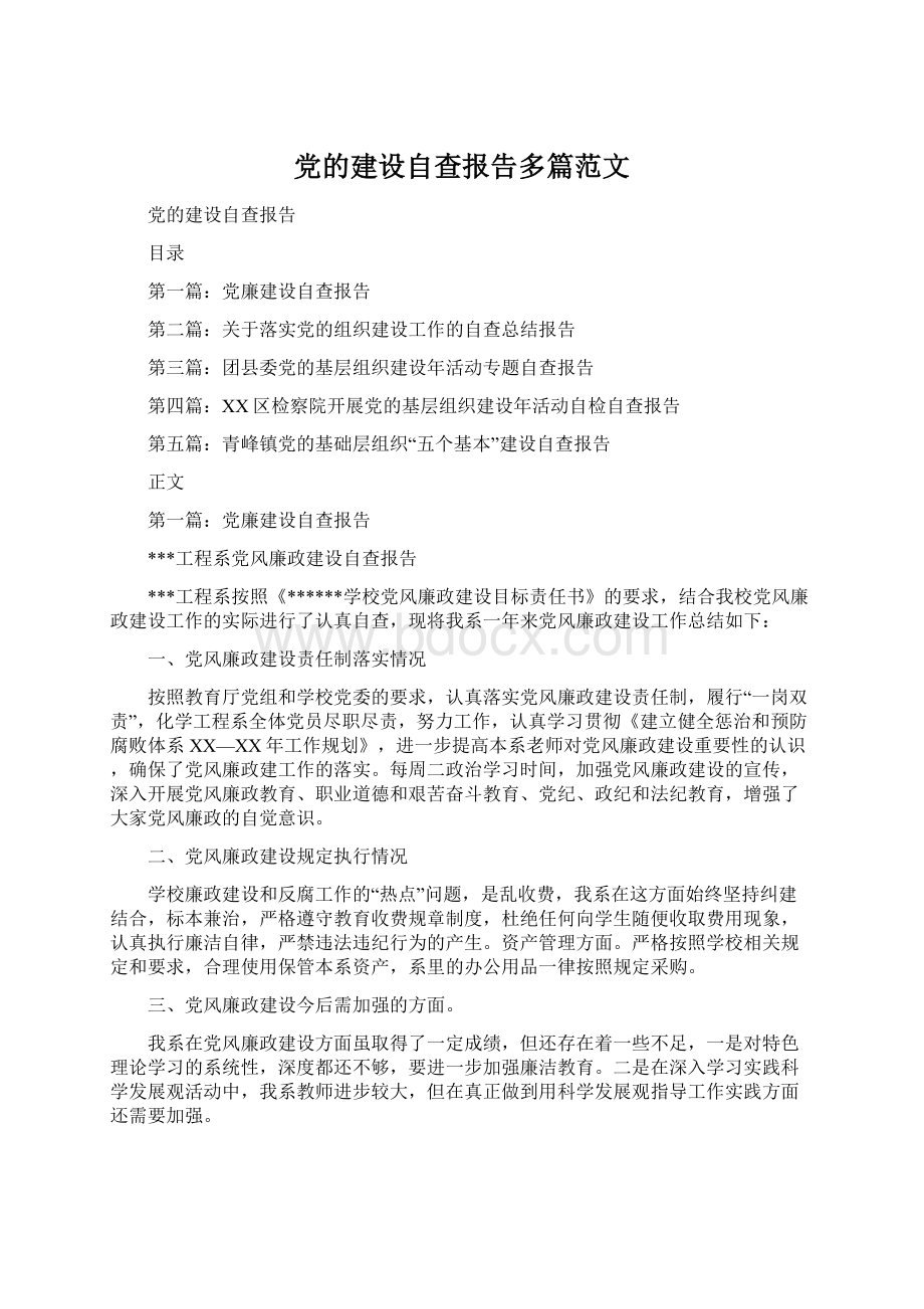 党的建设自查报告多篇范文Word文件下载.docx