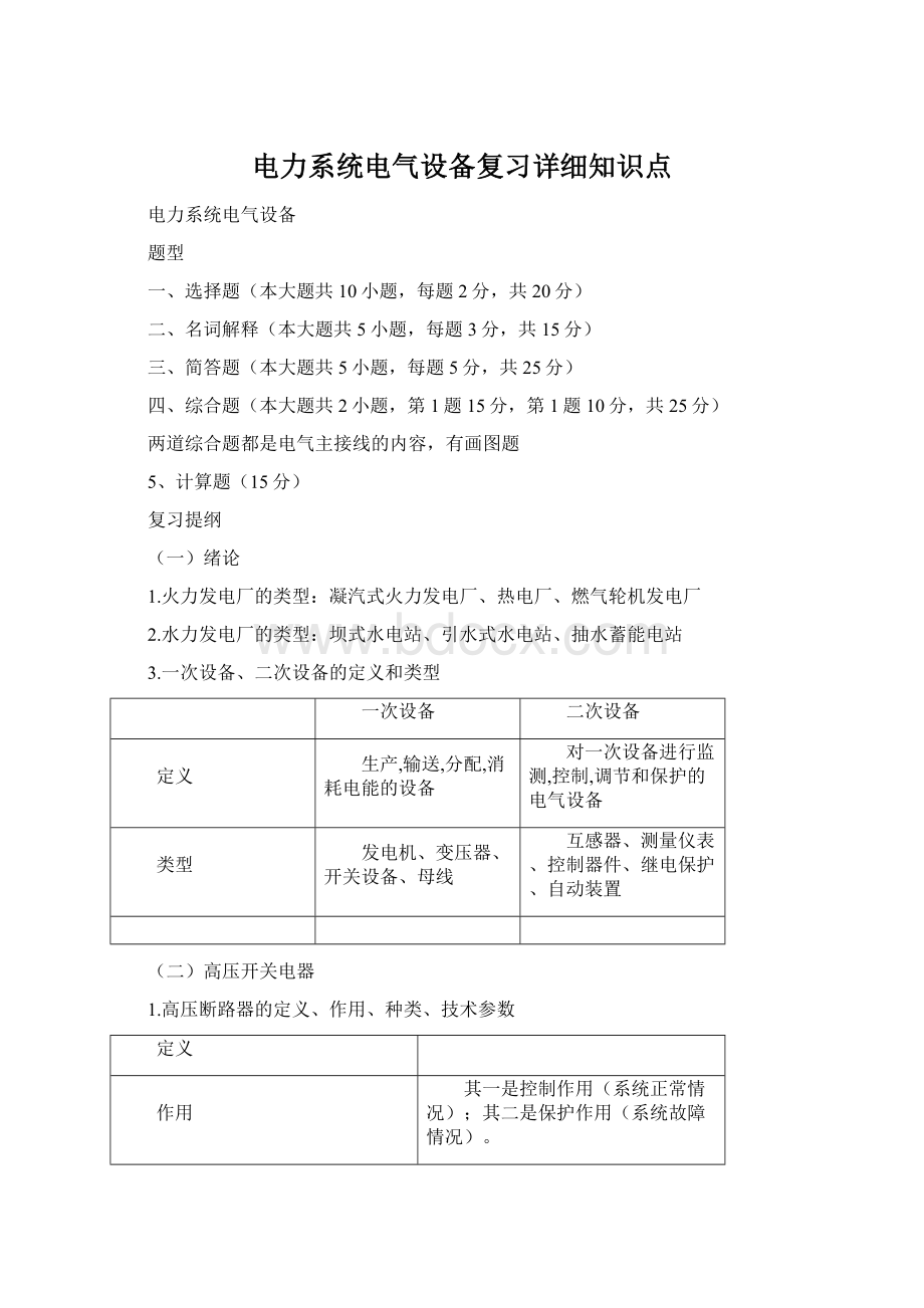 电力系统电气设备复习详细知识点Word下载.docx