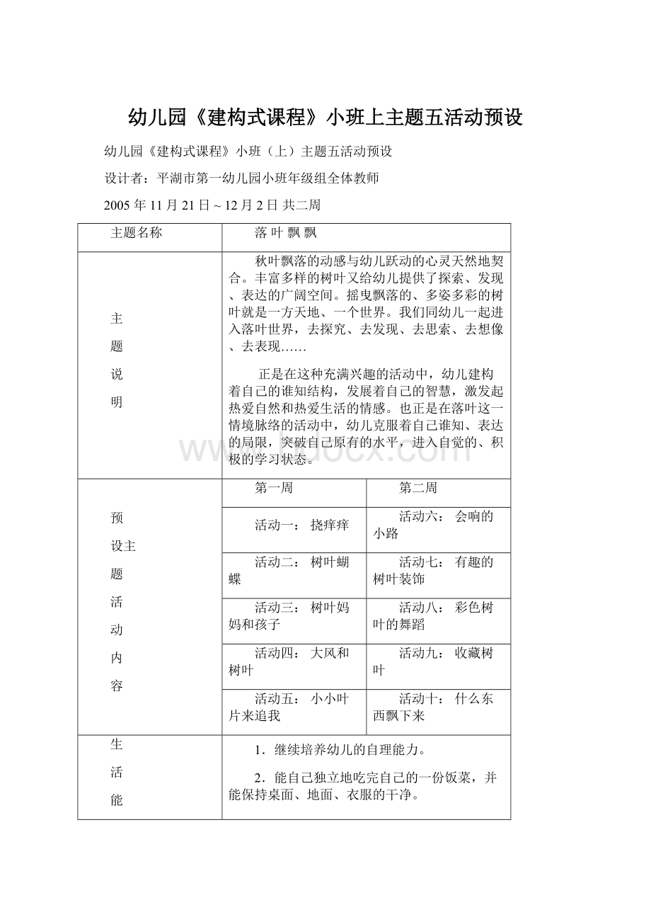 幼儿园《建构式课程》小班上主题五活动预设.docx