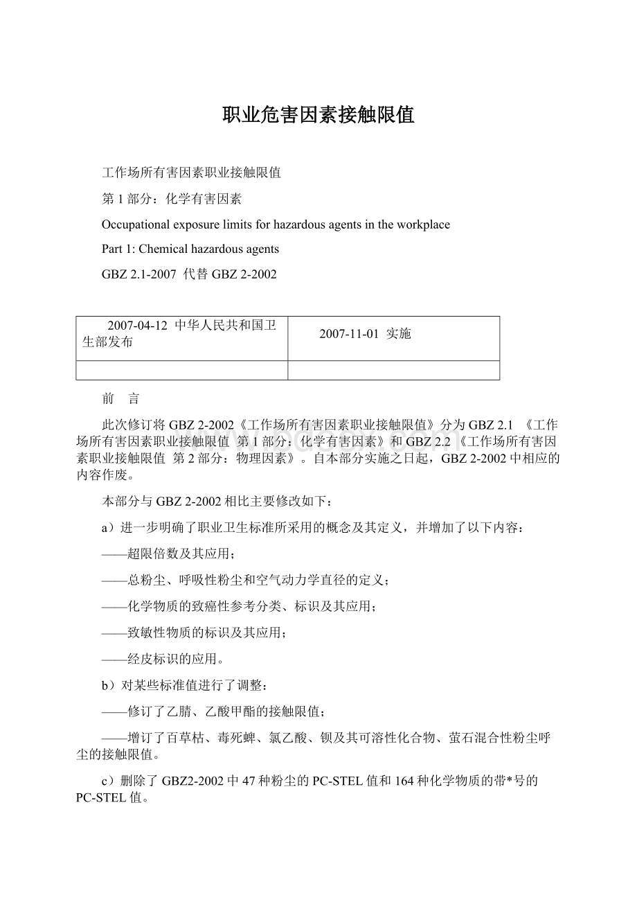 职业危害因素接触限值Word格式文档下载.docx