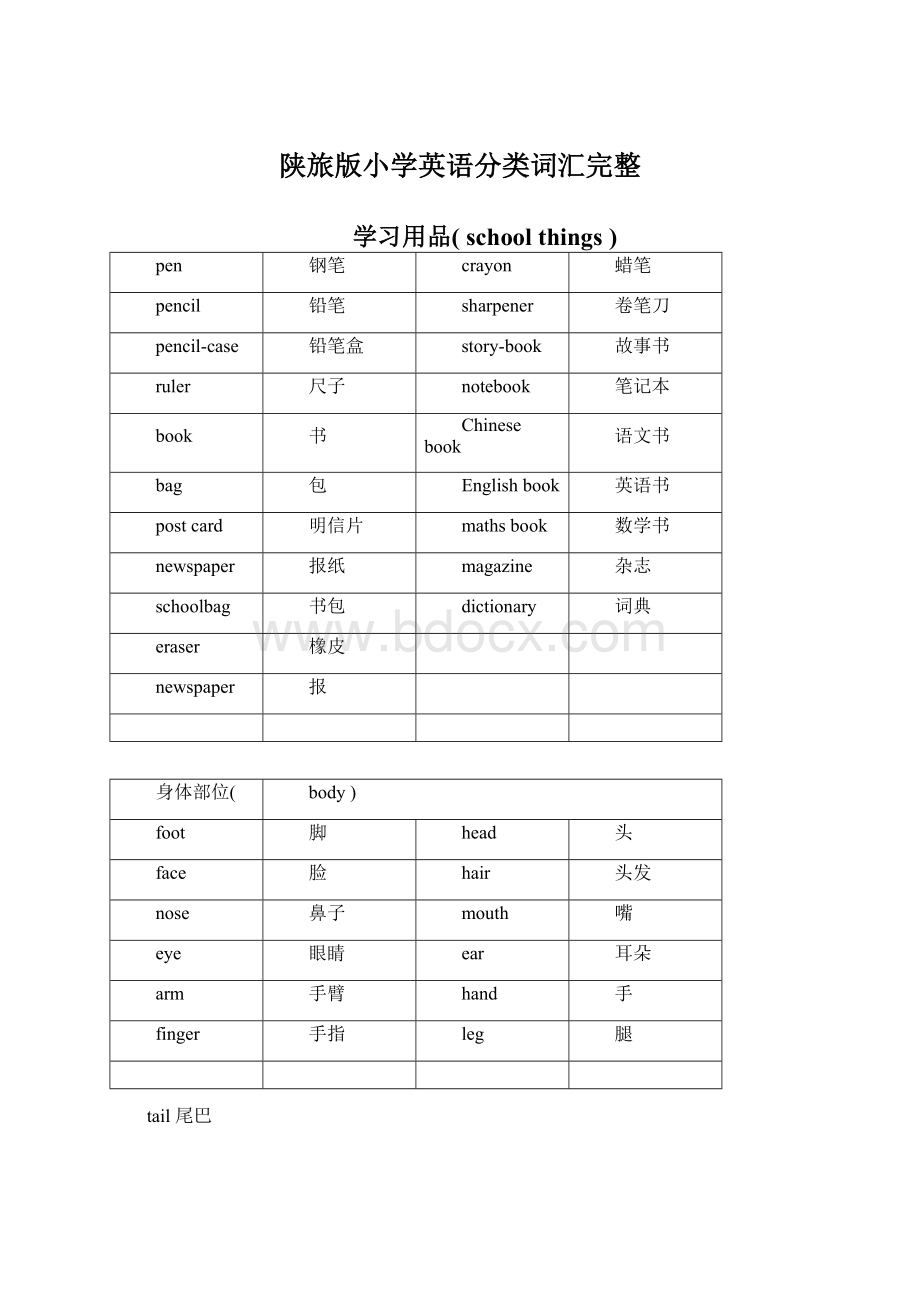 陕旅版小学英语分类词汇完整Word格式文档下载.docx_第1页