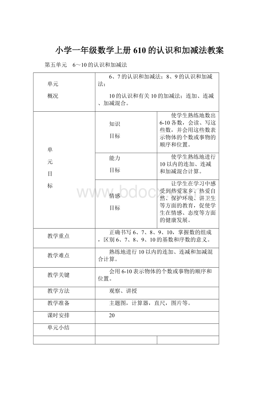 小学一年级数学上册610的认识和加减法教案Word文档下载推荐.docx