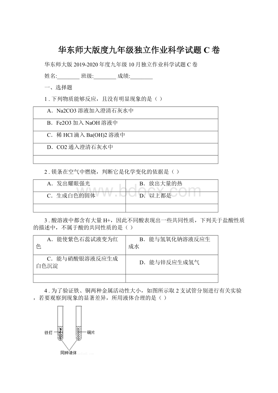 华东师大版度九年级独立作业科学试题C卷.docx_第1页