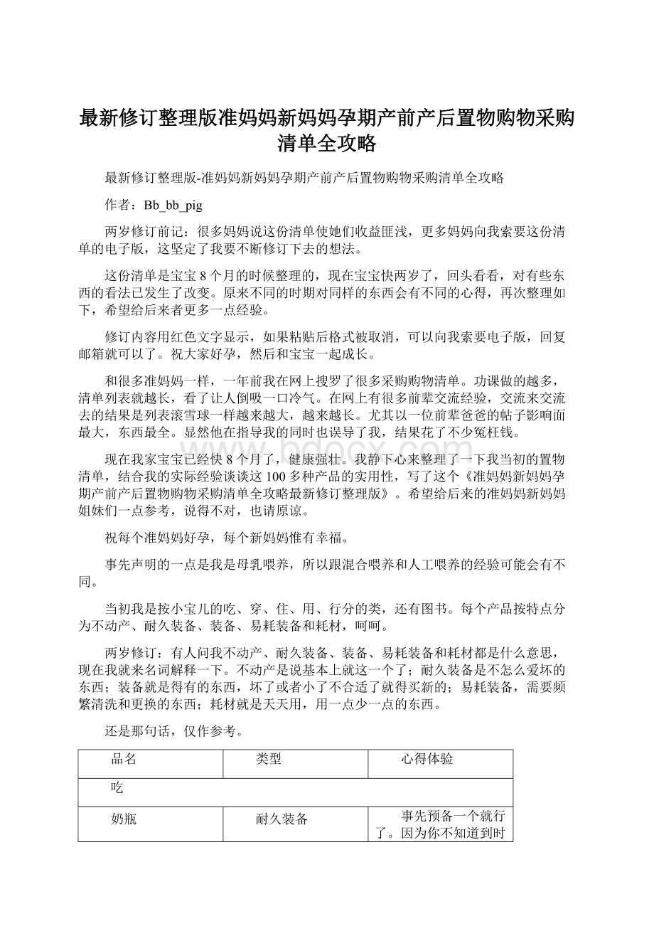 最新修订整理版准妈妈新妈妈孕期产前产后置物购物采购清单全攻略.docx_第1页