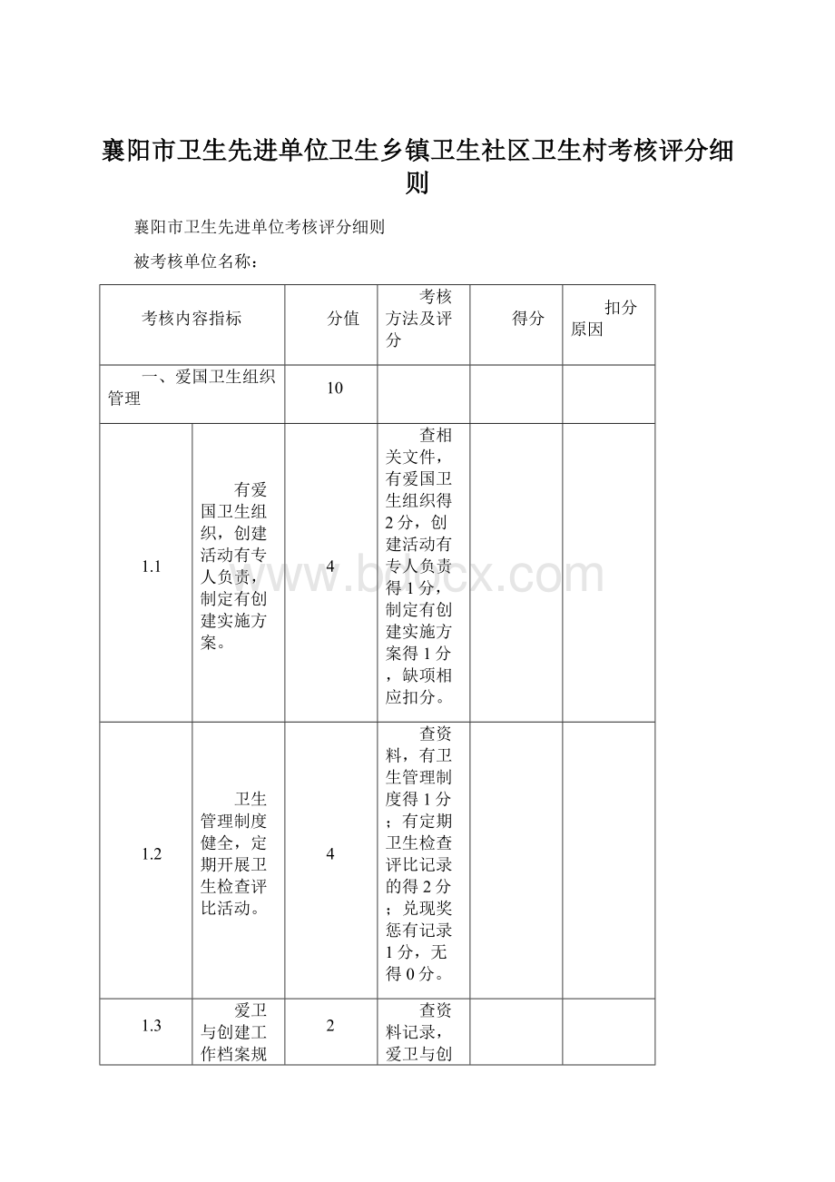 襄阳市卫生先进单位卫生乡镇卫生社区卫生村考核评分细则Word格式.docx