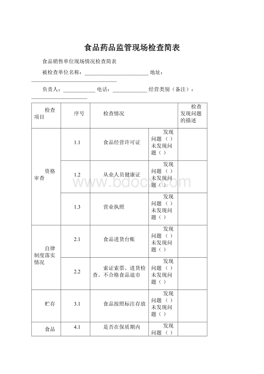 食品药品监管现场检查简表Word下载.docx_第1页