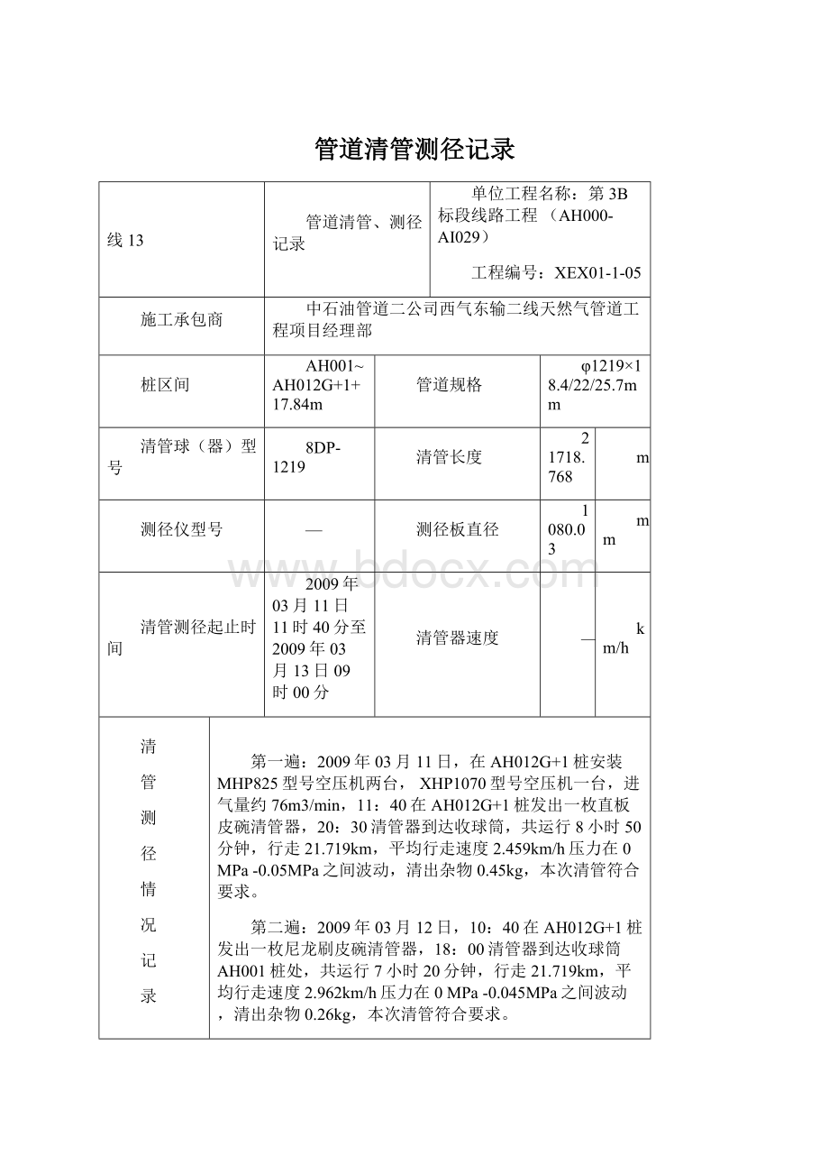 管道清管测径记录.docx_第1页