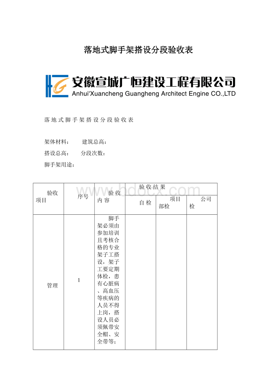 落地式脚手架搭设分段验收表.docx_第1页