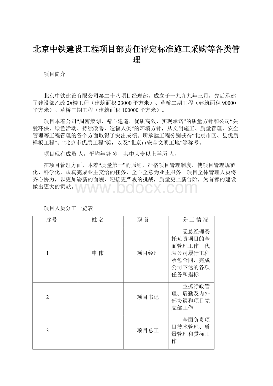 北京中铁建设工程项目部责任评定标准施工采购等各类管理文档格式.docx